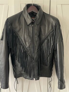 🏍️ NEW!! Interstate Classic Leather Womens Black Motorcycle Jacket With Fringe